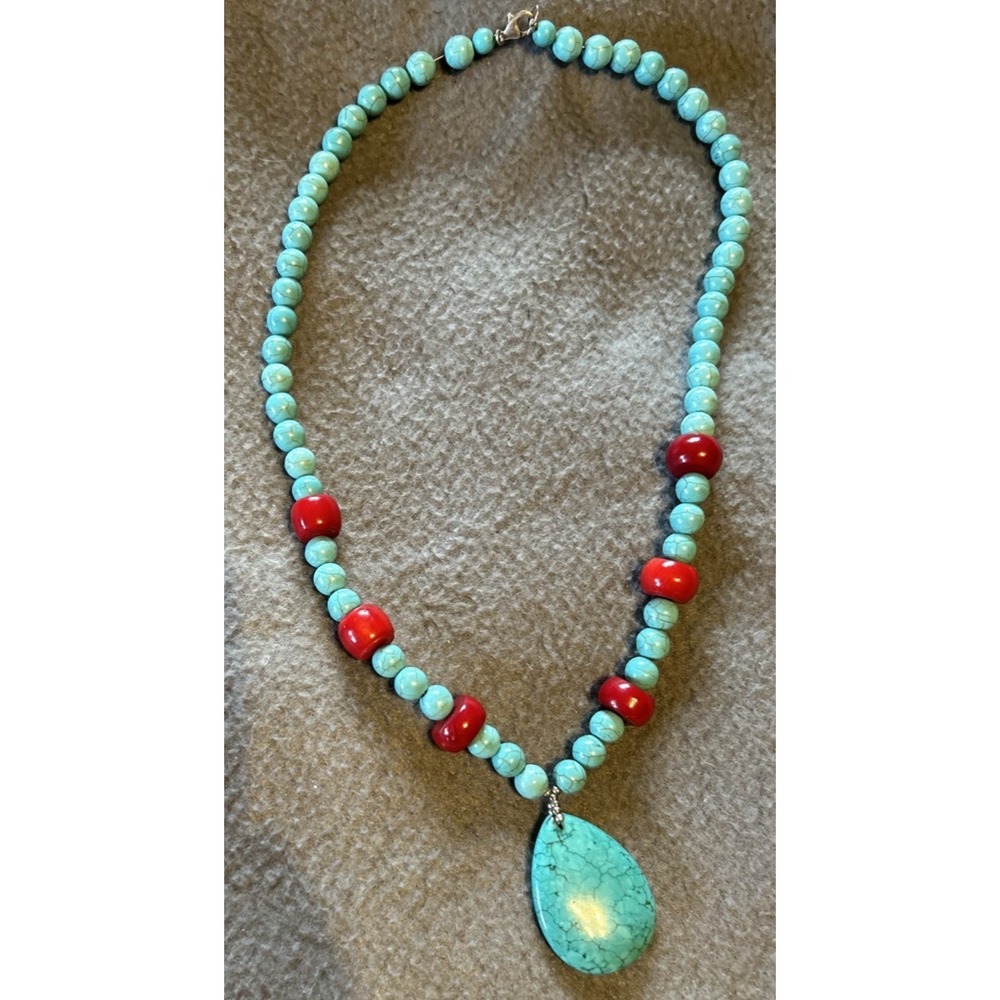 Turquoise Beaded Necklace with Red Accents and Teardrop Pendant
